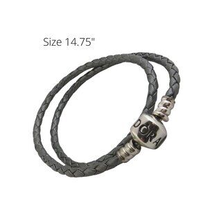 Pandora Braided Leather Silver Grey Charm Bracelet Double Wrap 15" 590705CGY-D